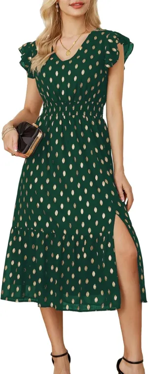 GRACE KARIN Women's V Neck Ruffle Sleeve Summer Dress 2025 Split Flowy Tiered Midi Dress Wedding Guest Cocktail Dresses