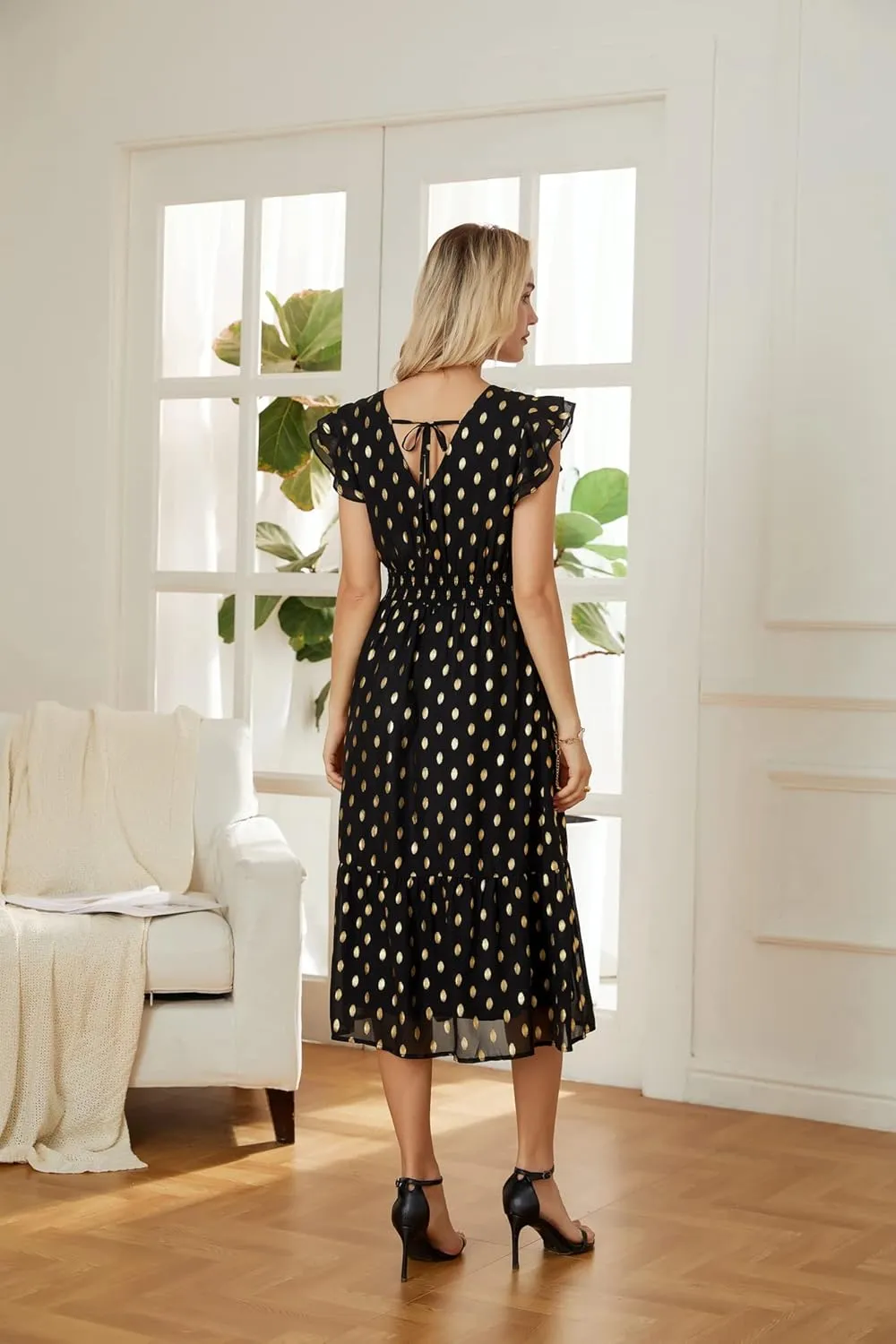 GRACE KARIN Women's V Neck Ruffle Sleeve Summer Dress 2025 Split Flowy Tiered Midi Dress Wedding Guest Cocktail Dresses