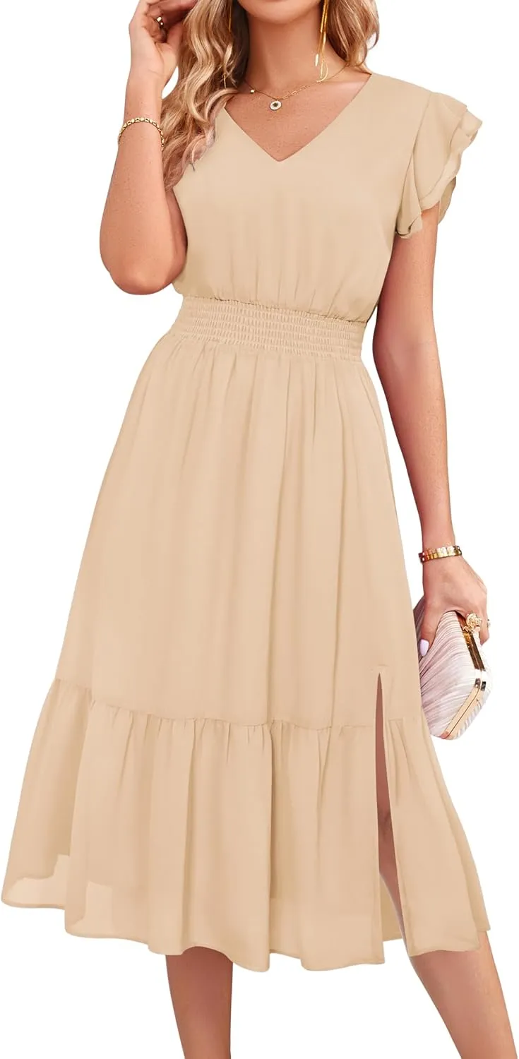 GRACE KARIN Women's V Neck Ruffle Sleeve Summer Dress 2025 Split Flowy Tiered Midi Dress Wedding Guest Cocktail Dresses