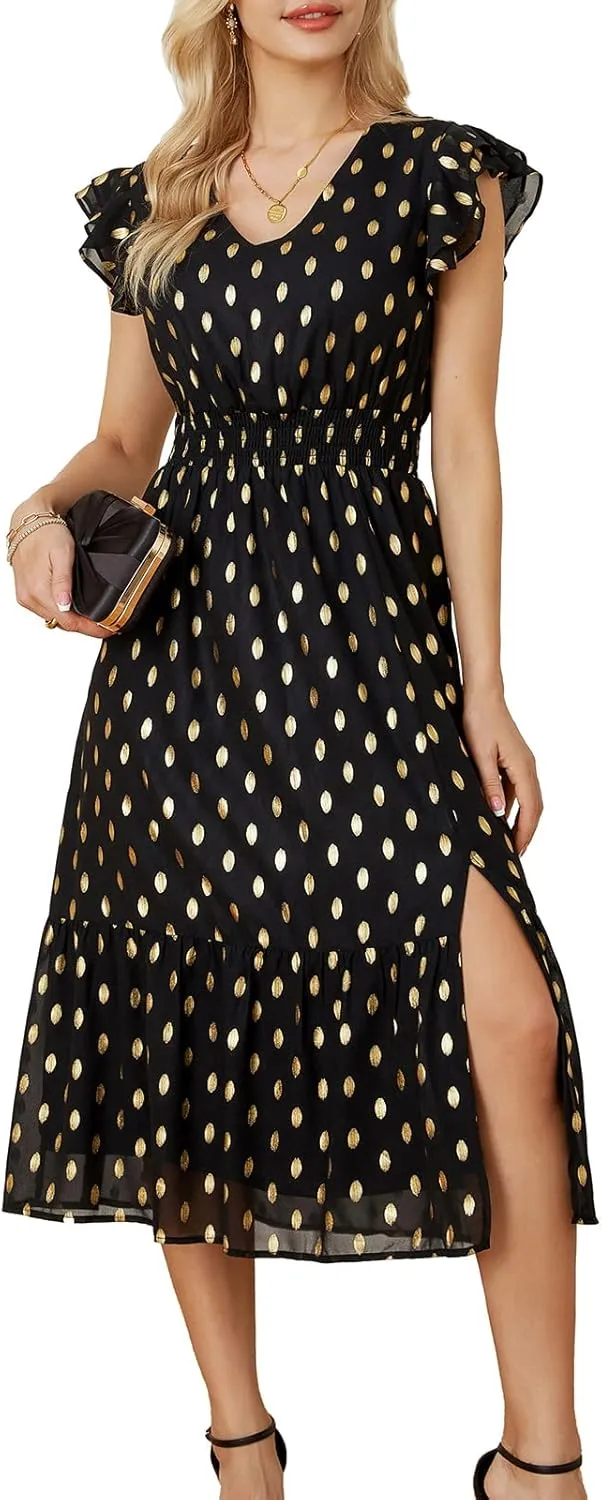 GRACE KARIN Women's V Neck Ruffle Sleeve Summer Dress 2025 Split Flowy Tiered Midi Dress Wedding Guest Cocktail Dresses