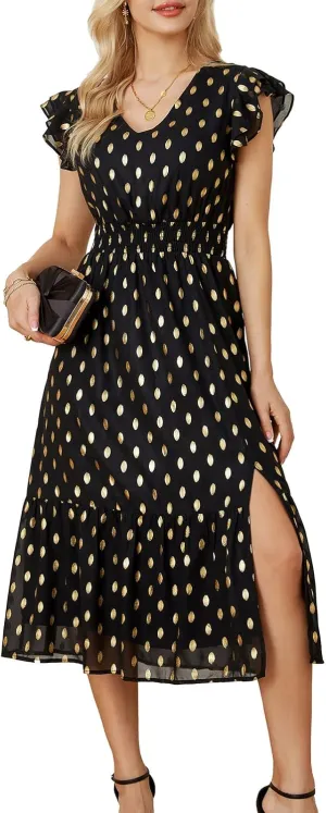 GRACE KARIN Women's V Neck Ruffle Sleeve Summer Dress 2025 Split Flowy Tiered Midi Dress Wedding Guest Cocktail Dresses