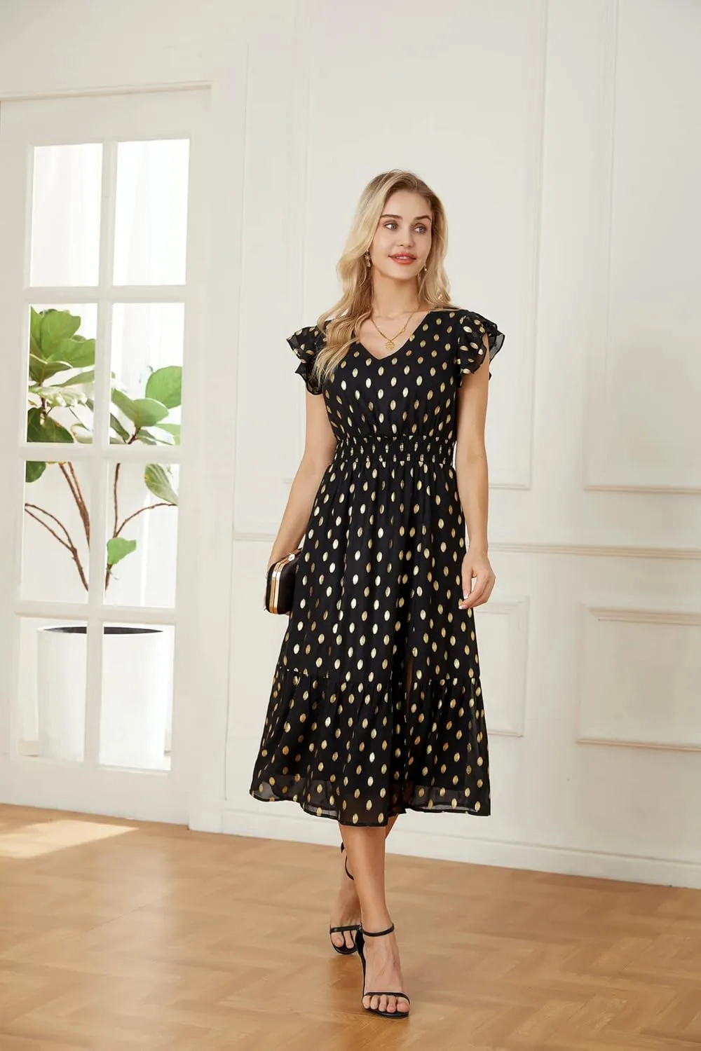 GRACE KARIN Women's V Neck Ruffle Sleeve Summer Dress 2025 Split Flowy Tiered Midi Dress Wedding Guest Cocktail Dresses