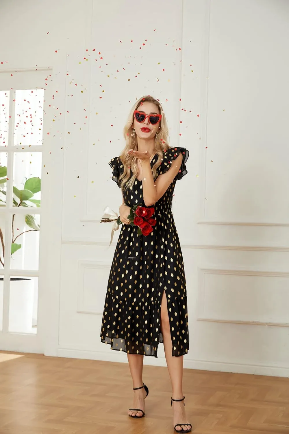 GRACE KARIN Women's V Neck Ruffle Sleeve Summer Dress 2025 Split Flowy Tiered Midi Dress Wedding Guest Cocktail Dresses