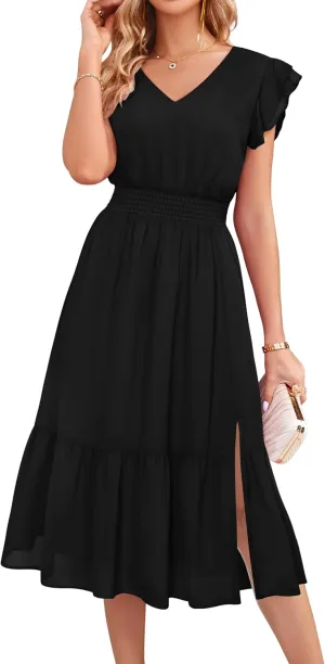 GRACE KARIN Women's V Neck Ruffle Sleeve Summer Dress 2025 Split Flowy Tiered Midi Dress Wedding Guest Cocktail Dresses