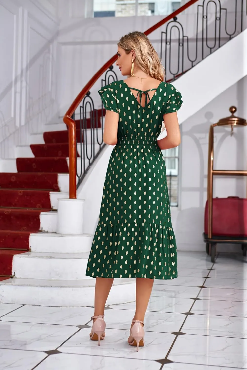 GRACE KARIN Women's V Neck Ruffle Sleeve Summer Dress 2025 Split Flowy Tiered Midi Dress Wedding Guest Cocktail Dresses