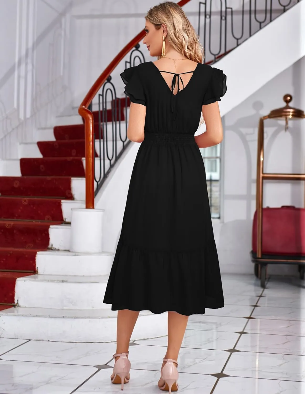 GRACE KARIN Women's V Neck Ruffle Sleeve Summer Dress 2025 Split Flowy Tiered Midi Dress Wedding Guest Cocktail Dresses