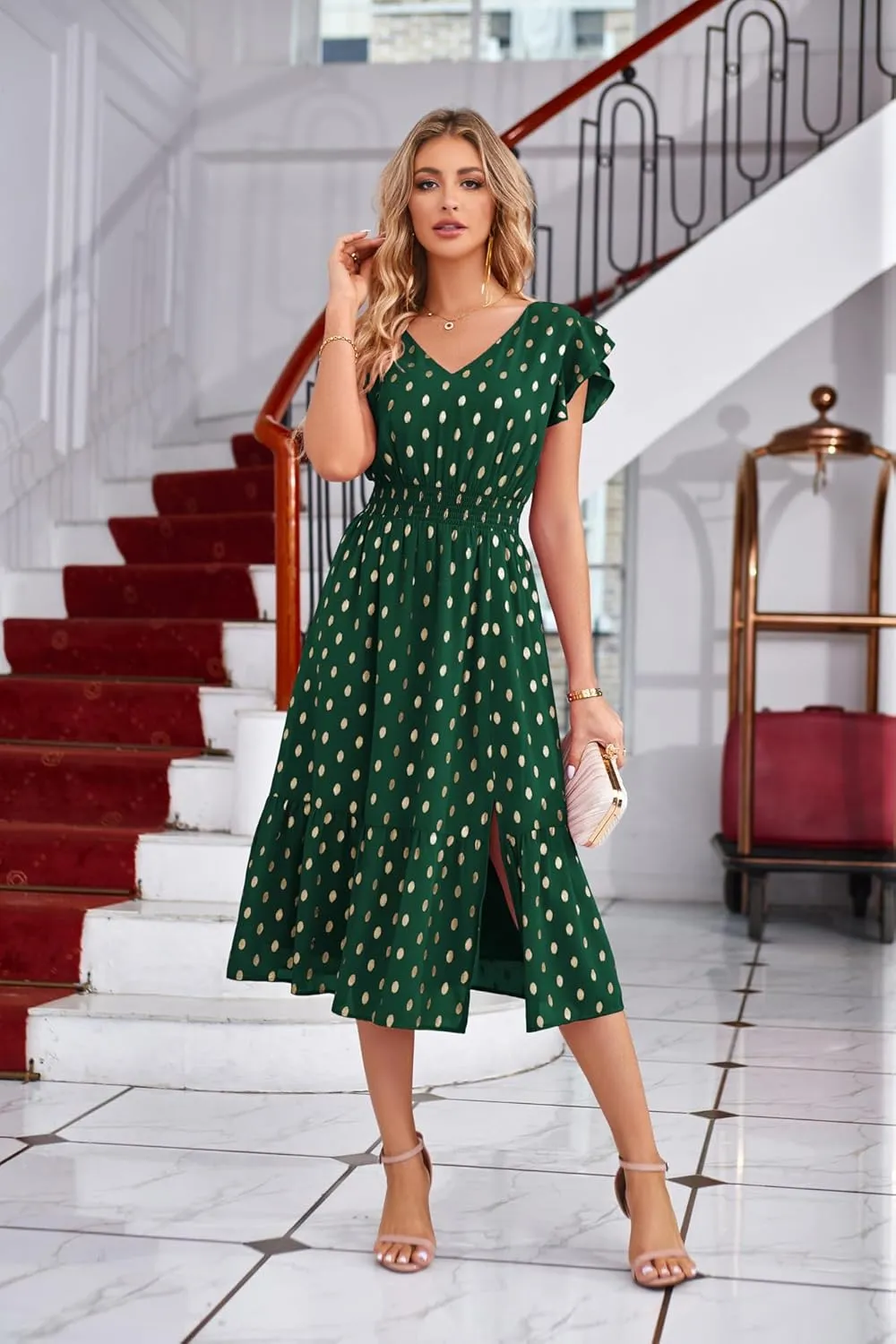 GRACE KARIN Women's V Neck Ruffle Sleeve Summer Dress 2025 Split Flowy Tiered Midi Dress Wedding Guest Cocktail Dresses