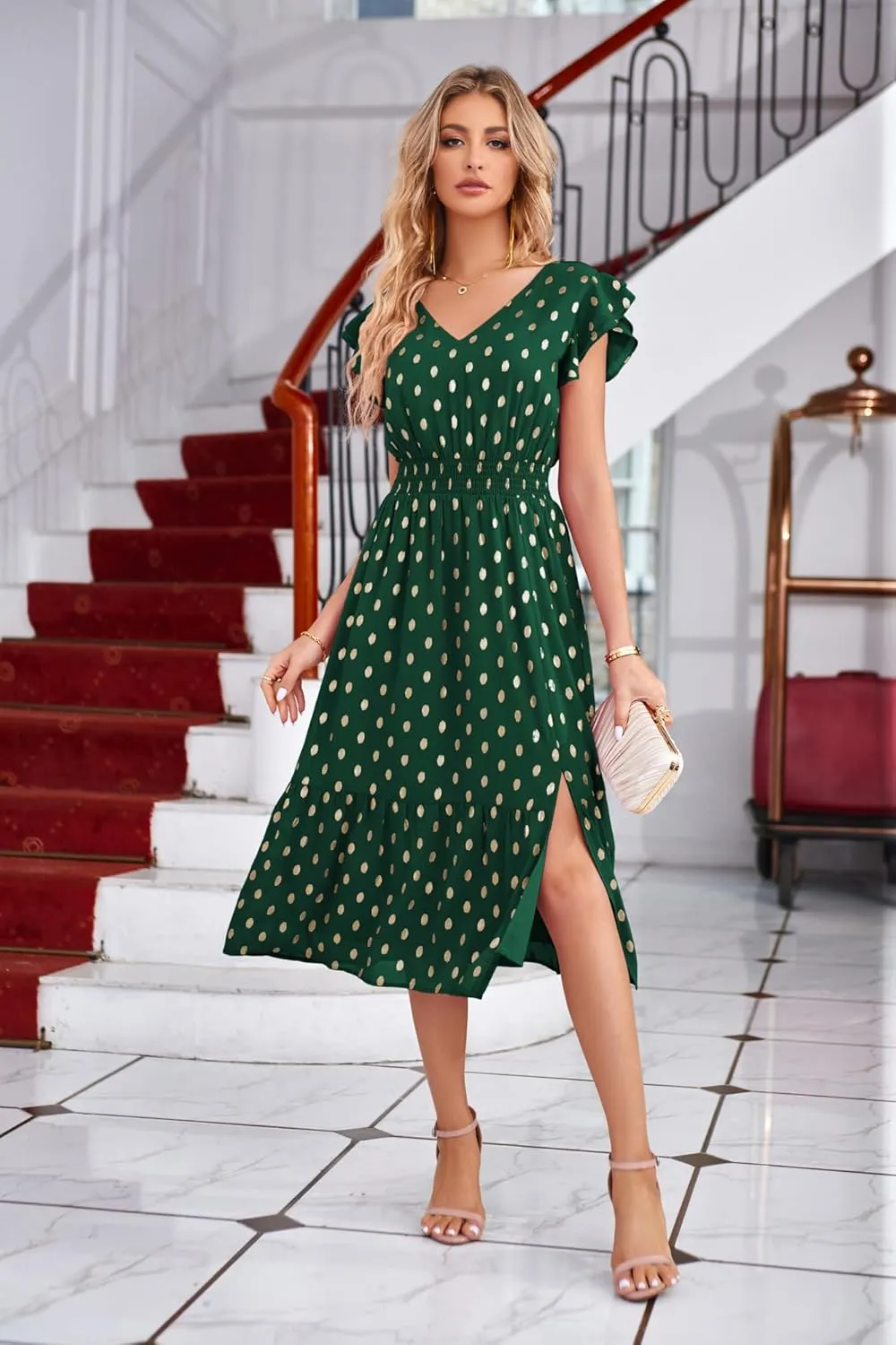 GRACE KARIN Women's V Neck Ruffle Sleeve Summer Dress 2025 Split Flowy Tiered Midi Dress Wedding Guest Cocktail Dresses