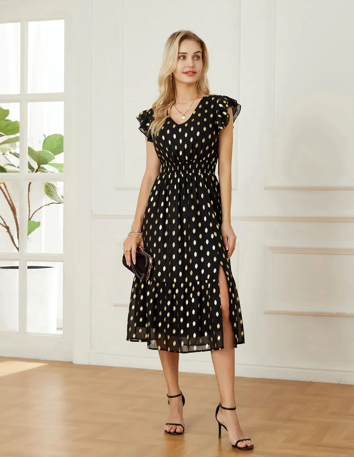 GRACE KARIN Women's V Neck Ruffle Sleeve Summer Dress 2025 Split Flowy Tiered Midi Dress Wedding Guest Cocktail Dresses