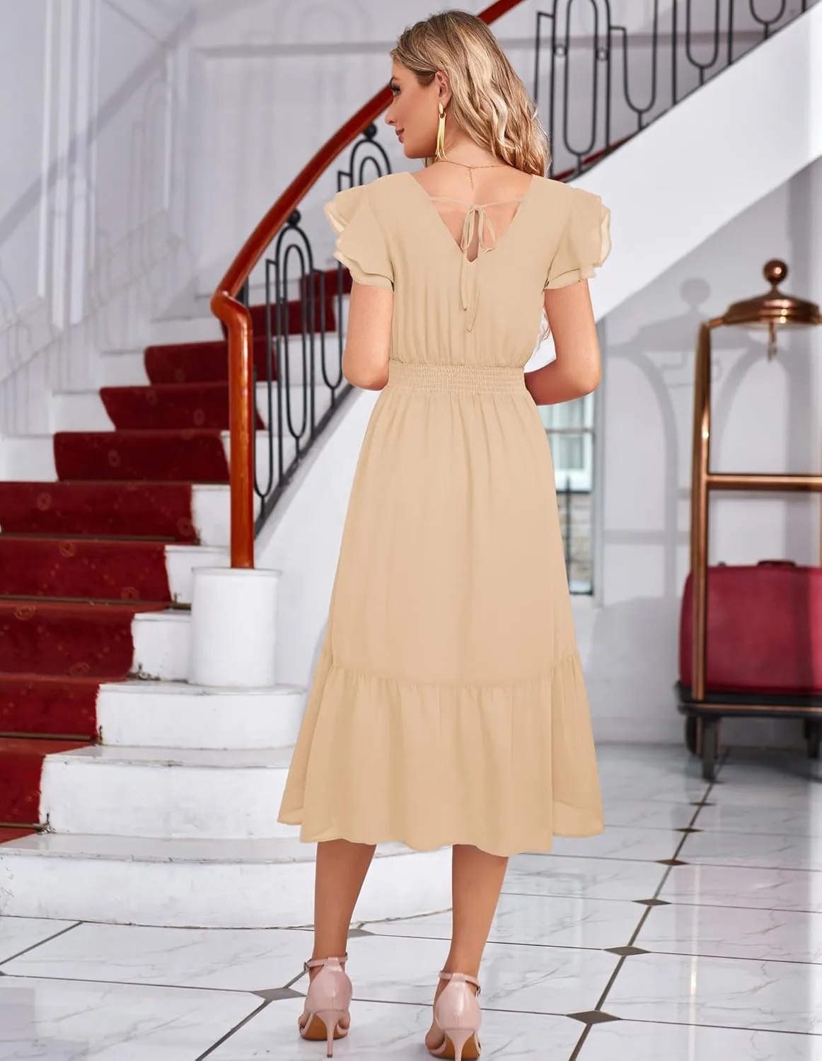 GRACE KARIN Women's V Neck Ruffle Sleeve Summer Dress 2025 Split Flowy Tiered Midi Dress Wedding Guest Cocktail Dresses
