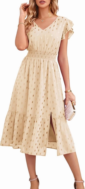 GRACE KARIN Women's V Neck Ruffle Sleeve Summer Dress 2025 Split Flowy Tiered Midi Dress Wedding Guest Cocktail Dresses