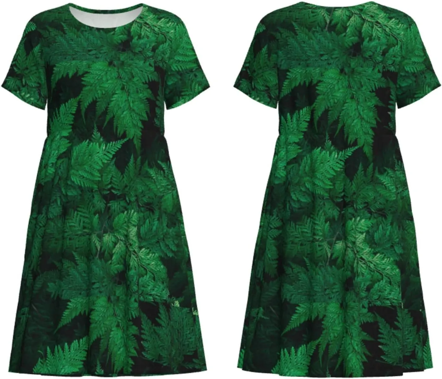 Green Leave Fern Print Summer Dresses for Women Casual Tshirt Short Sleeve Sundress Beach Cover