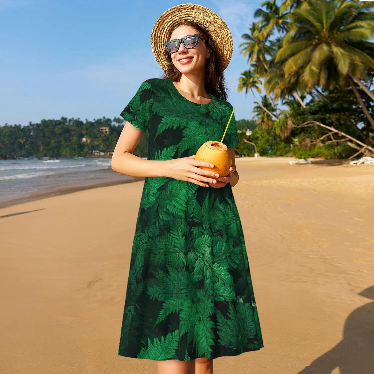 Green Leave Fern Print Summer Dresses for Women Casual Tshirt Short Sleeve Sundress Beach Cover