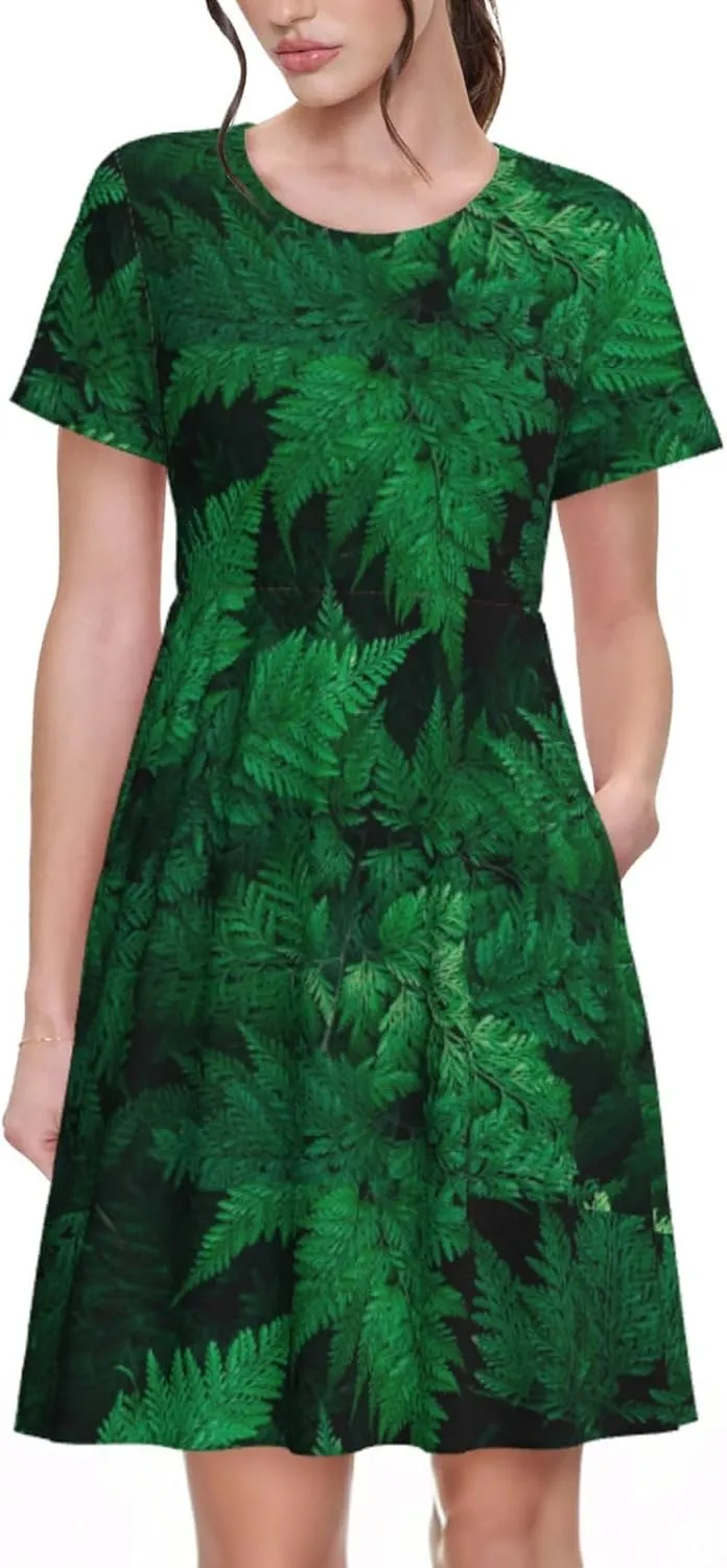 Green Leave Fern Print Summer Dresses for Women Casual Tshirt Short Sleeve Sundress Beach Cover