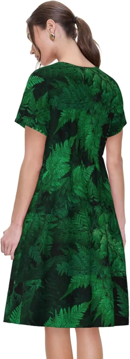 Green Leave Fern Print Summer Dresses for Women Casual Tshirt Short Sleeve Sundress Beach Cover