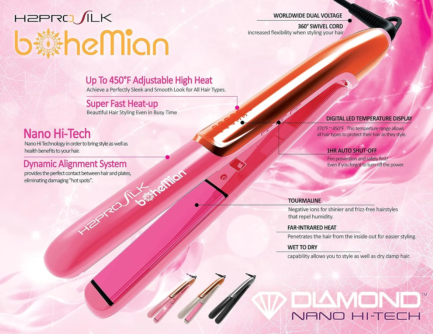 H2PRO Silk Bohemian 1" 450℉ Ceramic Tourmaline Styling Iron with Nano HI-TECH Plate (Pink)