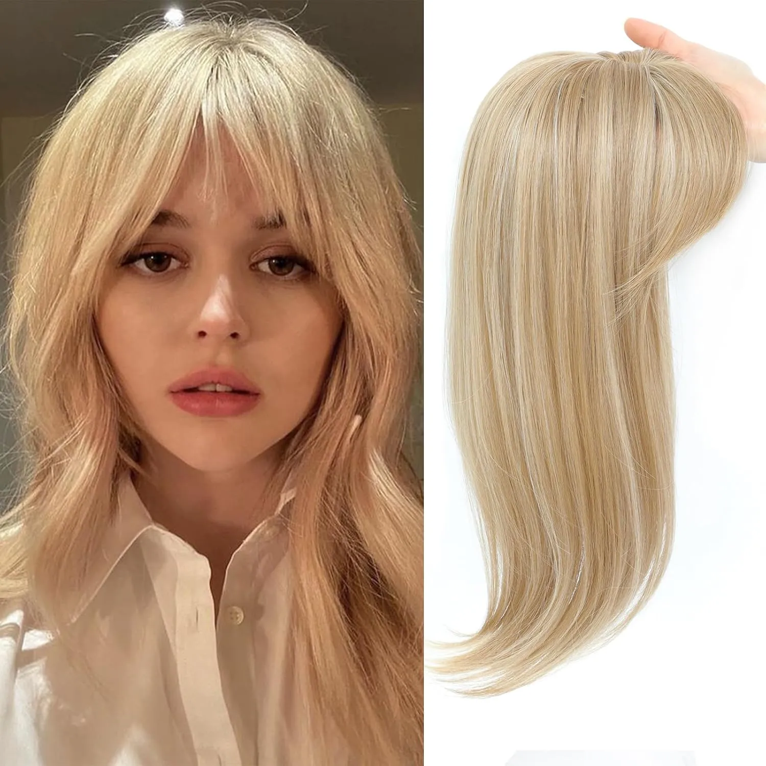 Hair Topper, 18 Inch Long Hair Toppers for Women with Thinning Hair, 360° 3D Clip in Blunt Wispy Bangs (Champagne Blonde Mixed Highlights)
