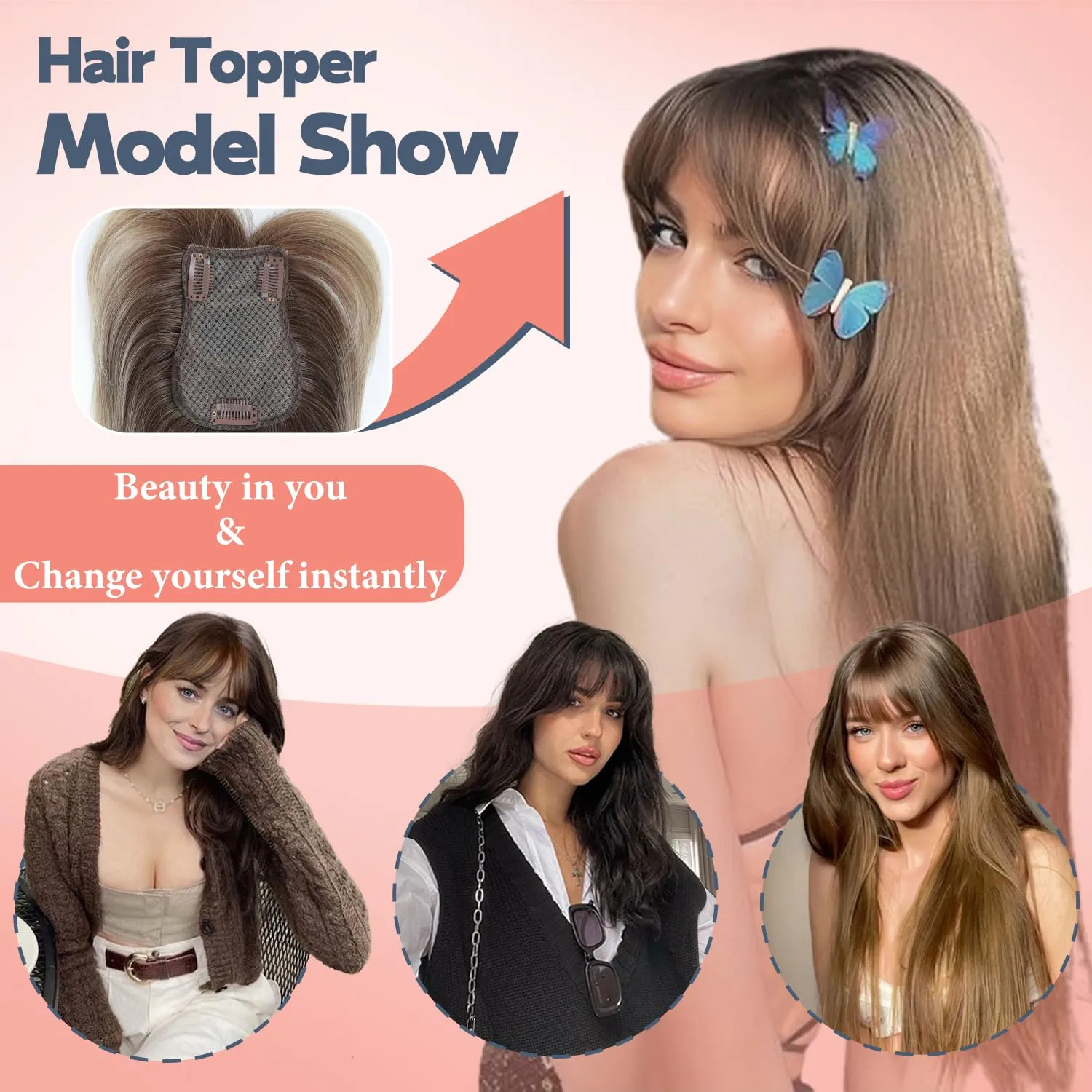 Hair Topper, 18 Inch Long Hair Toppers for Women with Thinning Hair, 360° 3D Clip in Blunt Wispy Bangs (Champagne Blonde Mixed Highlights)