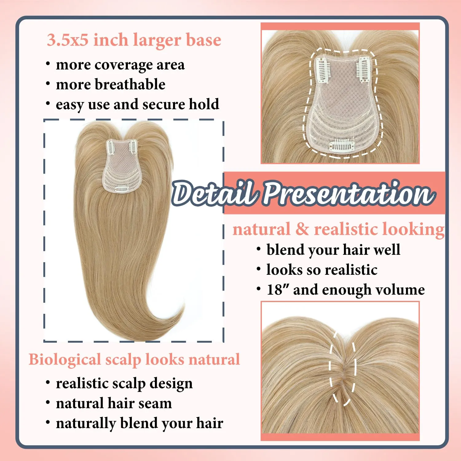Hair Topper, 18 Inch Long Hair Toppers for Women with Thinning Hair, 360° 3D Clip in Blunt Wispy Bangs (Champagne Blonde Mixed Highlights)