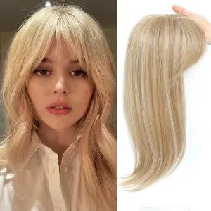Hair Topper, 18 Inch Long Hair Toppers for Women with Thinning Hair, 360° 3D Clip in Blunt Wispy Bangs (Champagne Blonde Mixed Highlights)