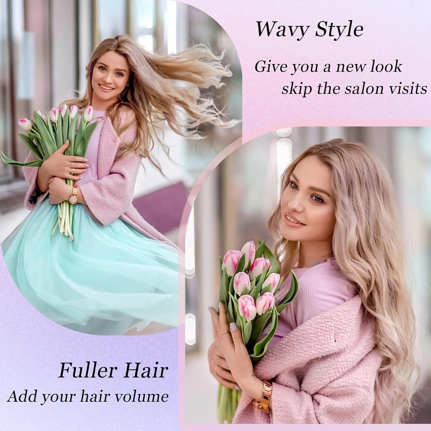 Hair Toppers for Women, 20 Inch Long Curly Wavy Hair Topper 360° 3D French Clip in Bangs (Highlights Champagne Blonde with Dark Root, Side Bangs)