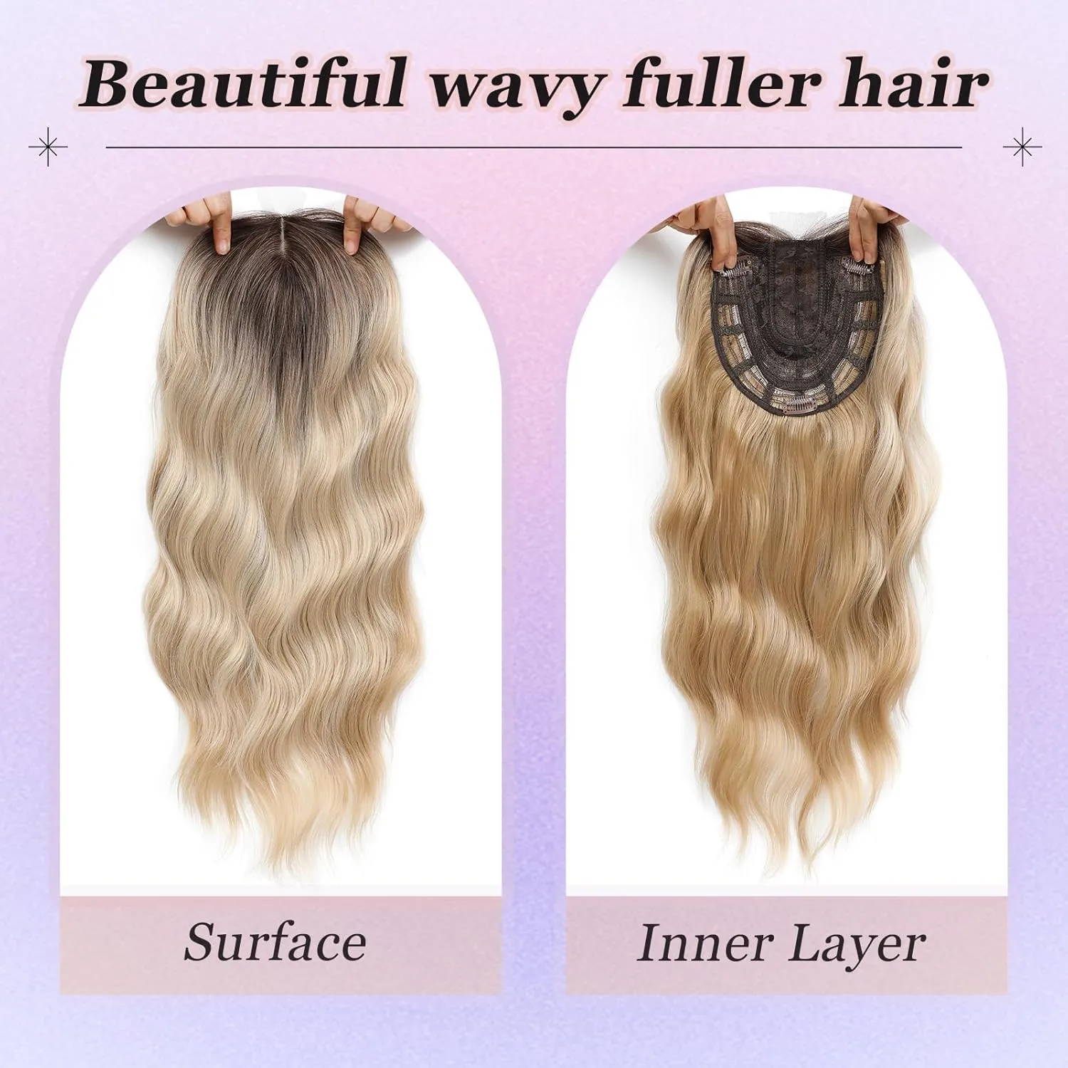 Hair Toppers for Women, 20 Inch Long Curly Wavy Hair Topper 360° 3D French Clip in Bangs (Highlights Champagne Blonde with Dark Root, Side Bangs)