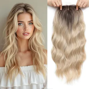 Hair Toppers for Women, 20 Inch Long Curly Wavy Hair Topper 360° 3D French Clip in Bangs (Highlights Champagne Blonde with Dark Root, Side Bangs)