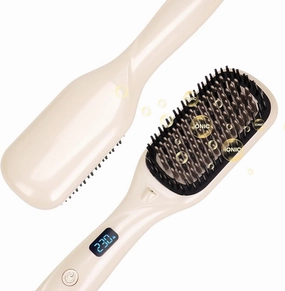 Hair Straightener Brush- Hair straighteners for Women, Ceramic Ionic Straightener Comb with Less Frizz | 20s Fast Heating | 2 in 1 Flat Iron Brush Dual Voltage Travel, Champagne