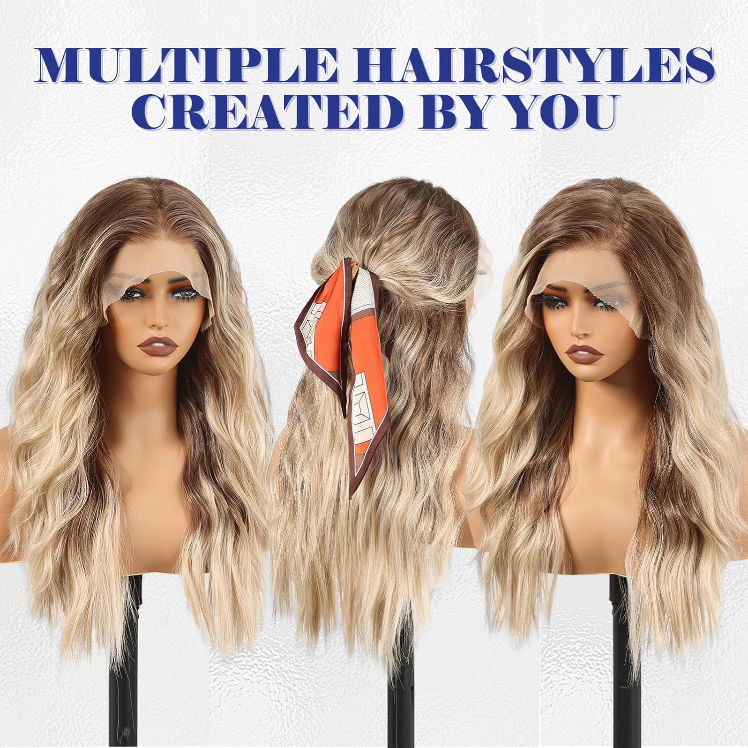 HAIRCUBE 13X4 HD Synthetic Lace Front Wig, Ombre Blonde Glueless Curly Wig, Natural Density Hairline Human-Like Hair Wig for Women