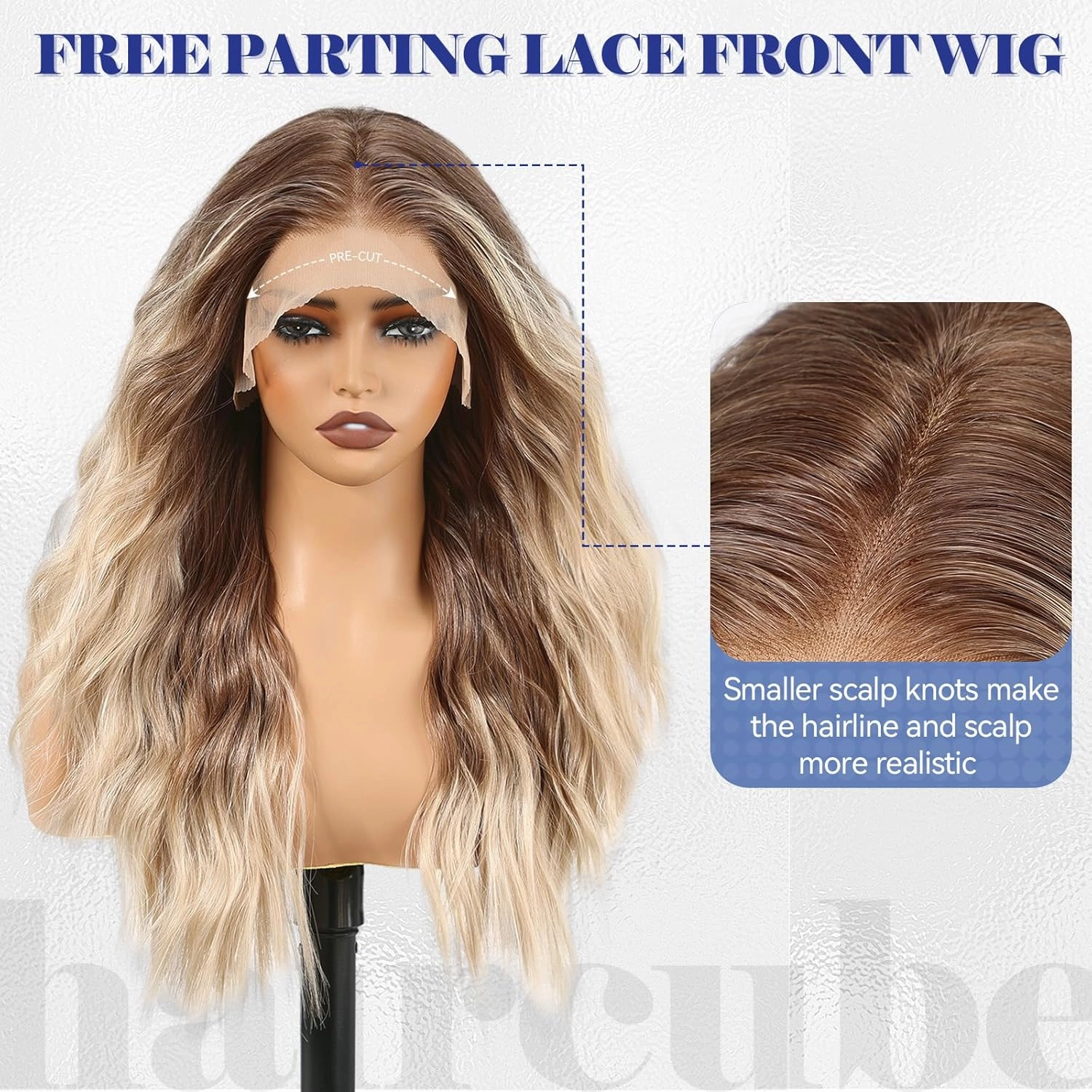 HAIRCUBE 13X4 HD Synthetic Lace Front Wig, Ombre Blonde Glueless Curly Wig, Natural Density Hairline Human-Like Hair Wig for Women