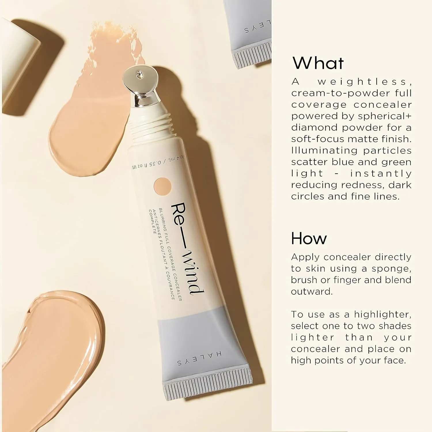 HALEYS Re-wind Blurring Full Coverage Concealer (Light - Neutral), Brighten, Reduce redness, dark circles and fine lines, Non-Caking, Longwear, Nourishes, Lightweight, Soft-Matte Finish, V   CF