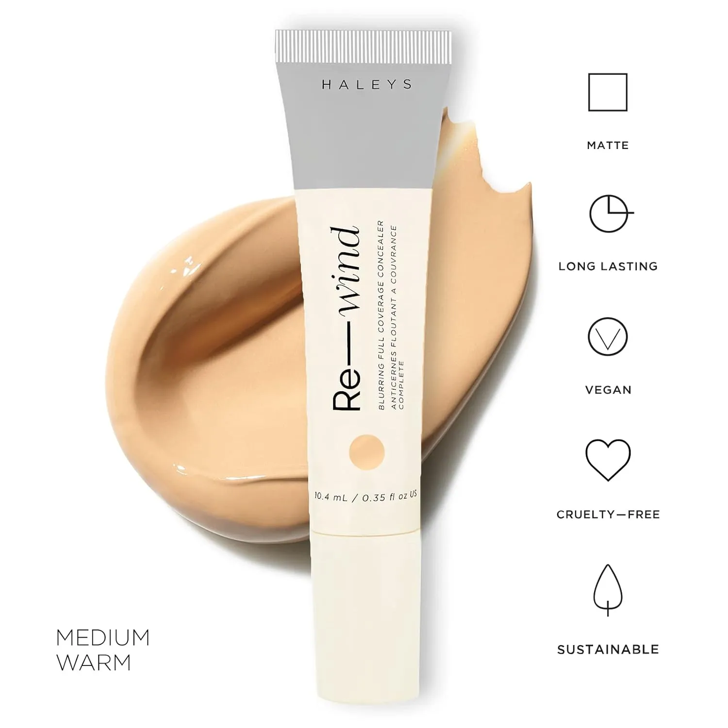 HALEYS Re-wind Blurring Full Coverage Concealer (Medium - Warm), Brighten, Reduce redness, dark circles and fine lines, Non-Caking, Longwear, Nourishes, Lightweight, Soft-Matte Finish, Vegan   CF