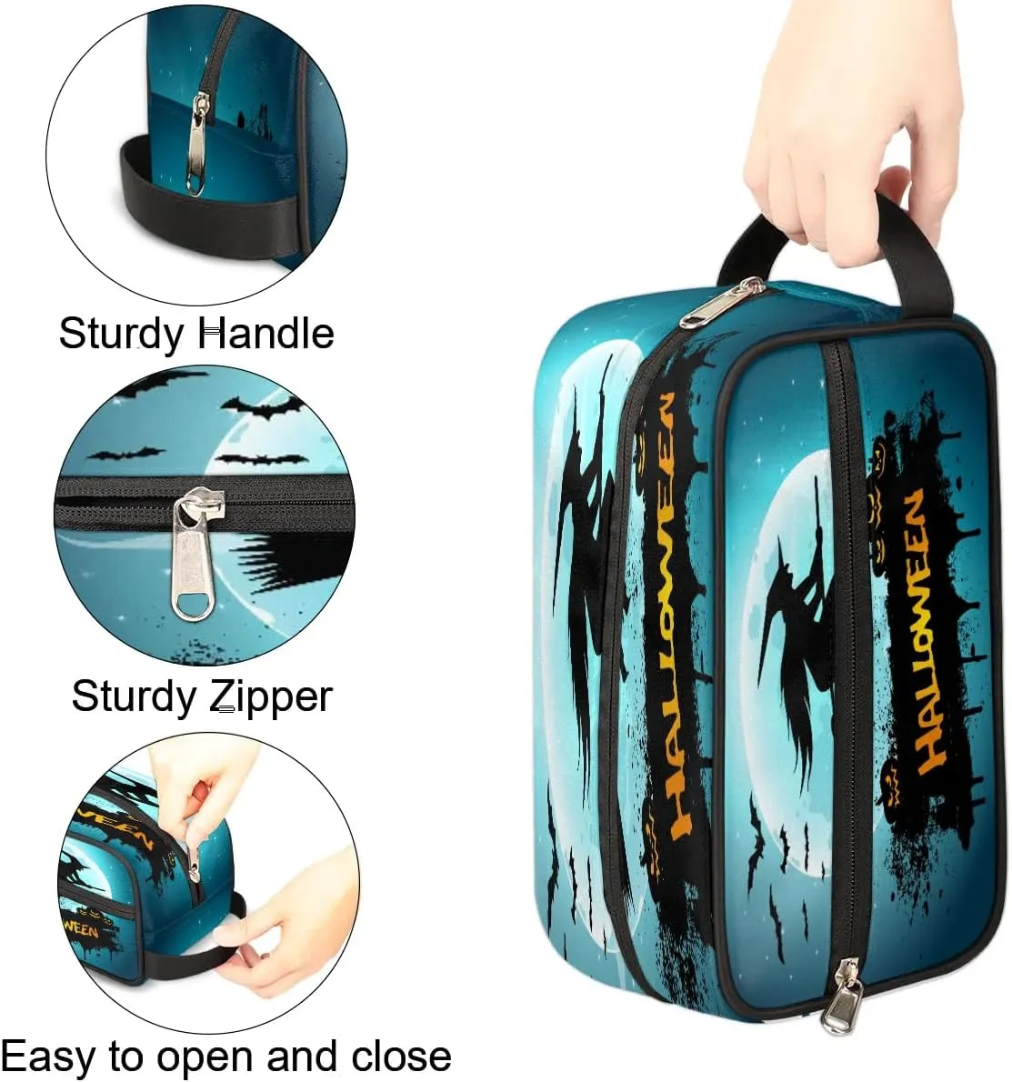 Halloween Night Witch Pumpkins Travel Toiletry Bag for Women Men Small Cosmetic Makeup Organizer Water Resistant Shaving Bag Portable Make Up Bag Storage Bags with Handle