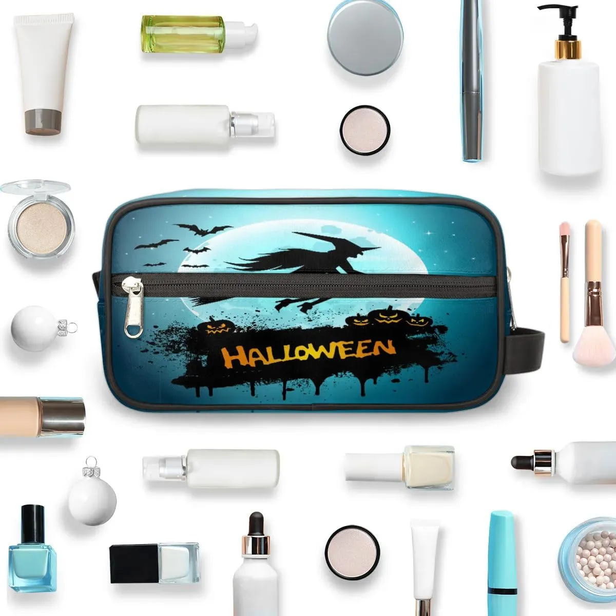 Halloween Night Witch Pumpkins Travel Toiletry Bag for Women Men Small Cosmetic Makeup Organizer Water Resistant Shaving Bag Portable Make Up Bag Storage Bags with Handle