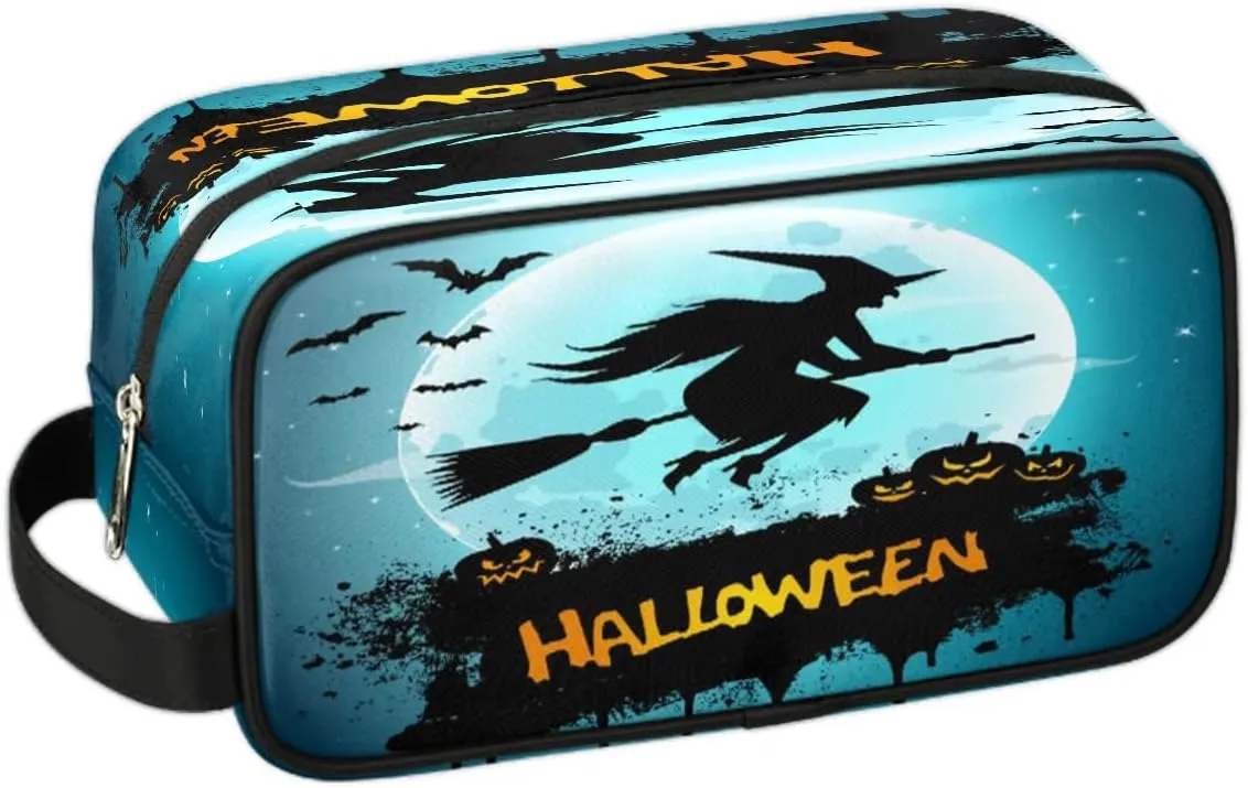 Halloween Night Witch Pumpkins Travel Toiletry Bag for Women Men Small Cosmetic Makeup Organizer Water Resistant Shaving Bag Portable Make Up Bag Storage Bags with Handle