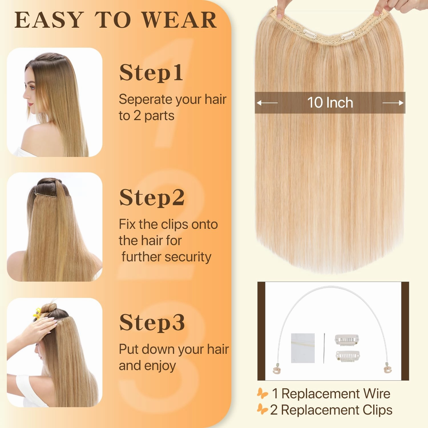 Halo Hair Extensions Straight, 100% Real Human Hair, Invisible Wire Extensions for Women,50g,12 Inch,#18P613 Gold Blonde Mixed Bleach Blonde