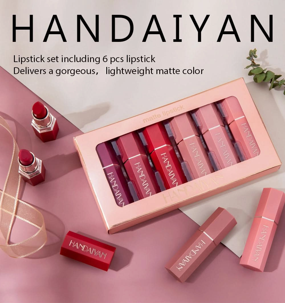 HANDAIYAN Matte Lipstick Set – Long-Lasting, Waterproof, High-Pigment, Moisturizing Lip Color (Pack of 6)