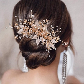 Handmade Wedding Hair Comb Clip Rhinestone Bridal Hair Comb Piece, Wedding Rose Gold Hair Comb Bridal Hair Pieces Flower Leaf Hair Accessories for Women