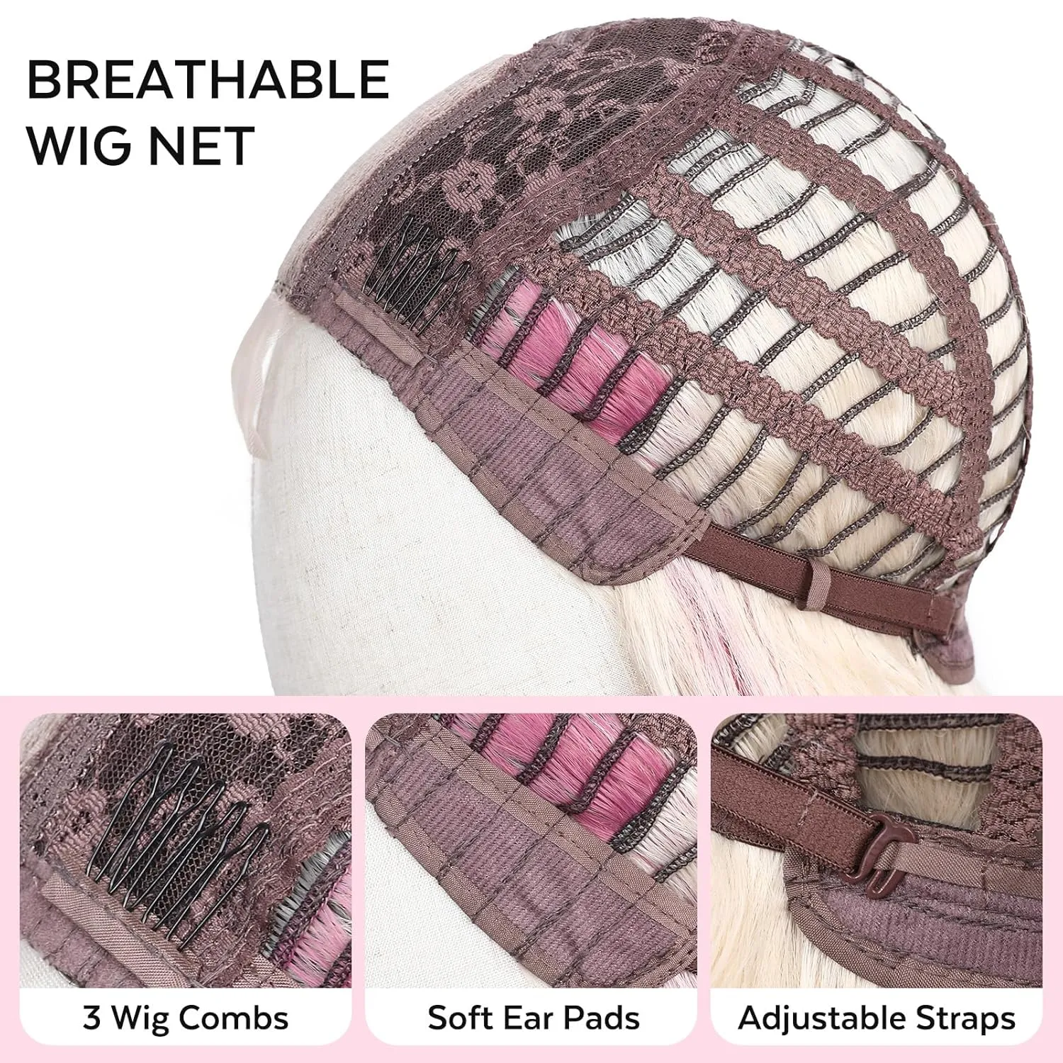 HANNE Long Wavy Blonde with Pink Wig Small Lace Synthetic Platinum with Pink Highlights Wig 26 Inch Natural Wavy Black Wigs for White Women(Blush Blonde)