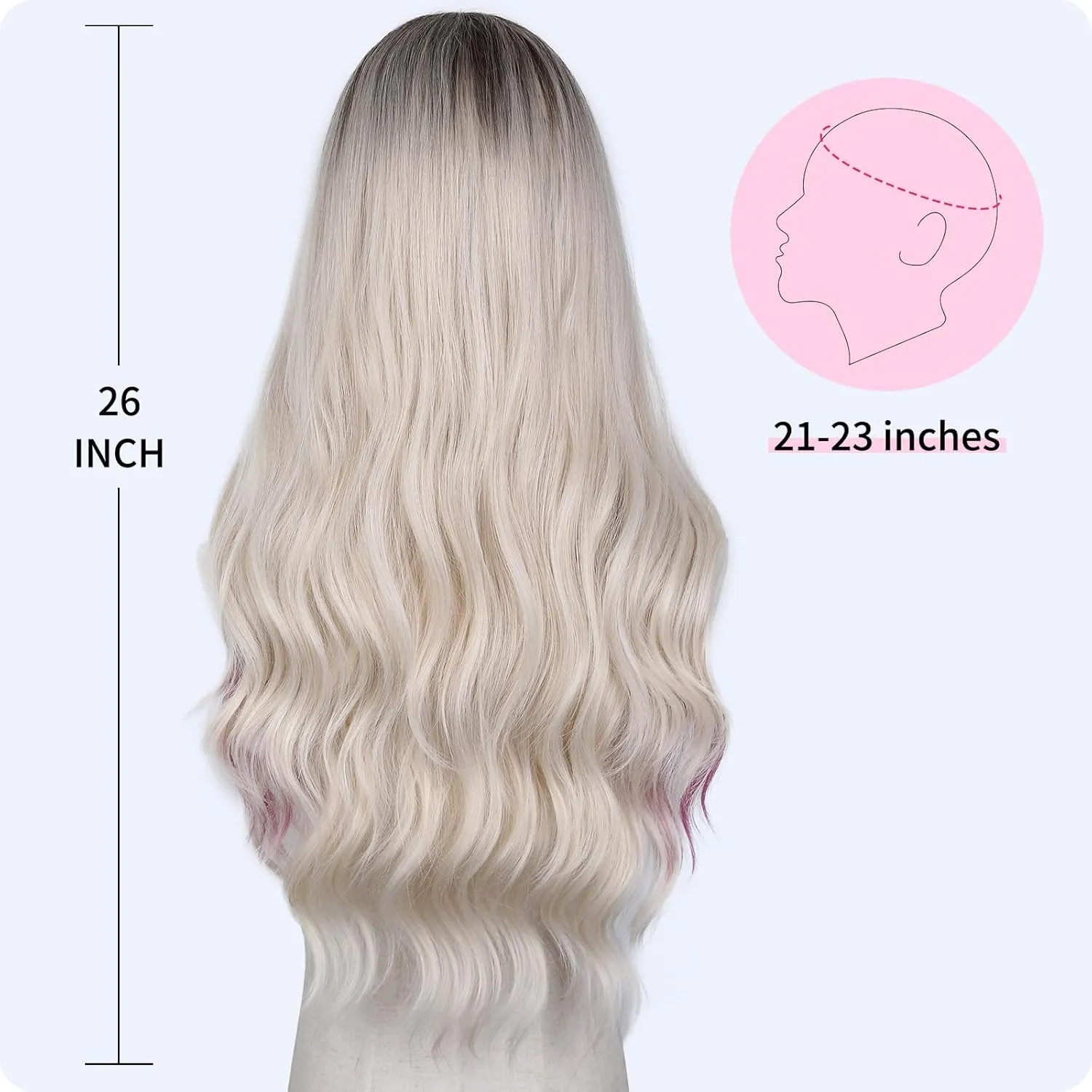 HANNE Long Wavy Blonde with Pink Wig Small Lace Synthetic Platinum with Pink Highlights Wig 26 Inch Natural Wavy Black Wigs for White Women(Blush Blonde)