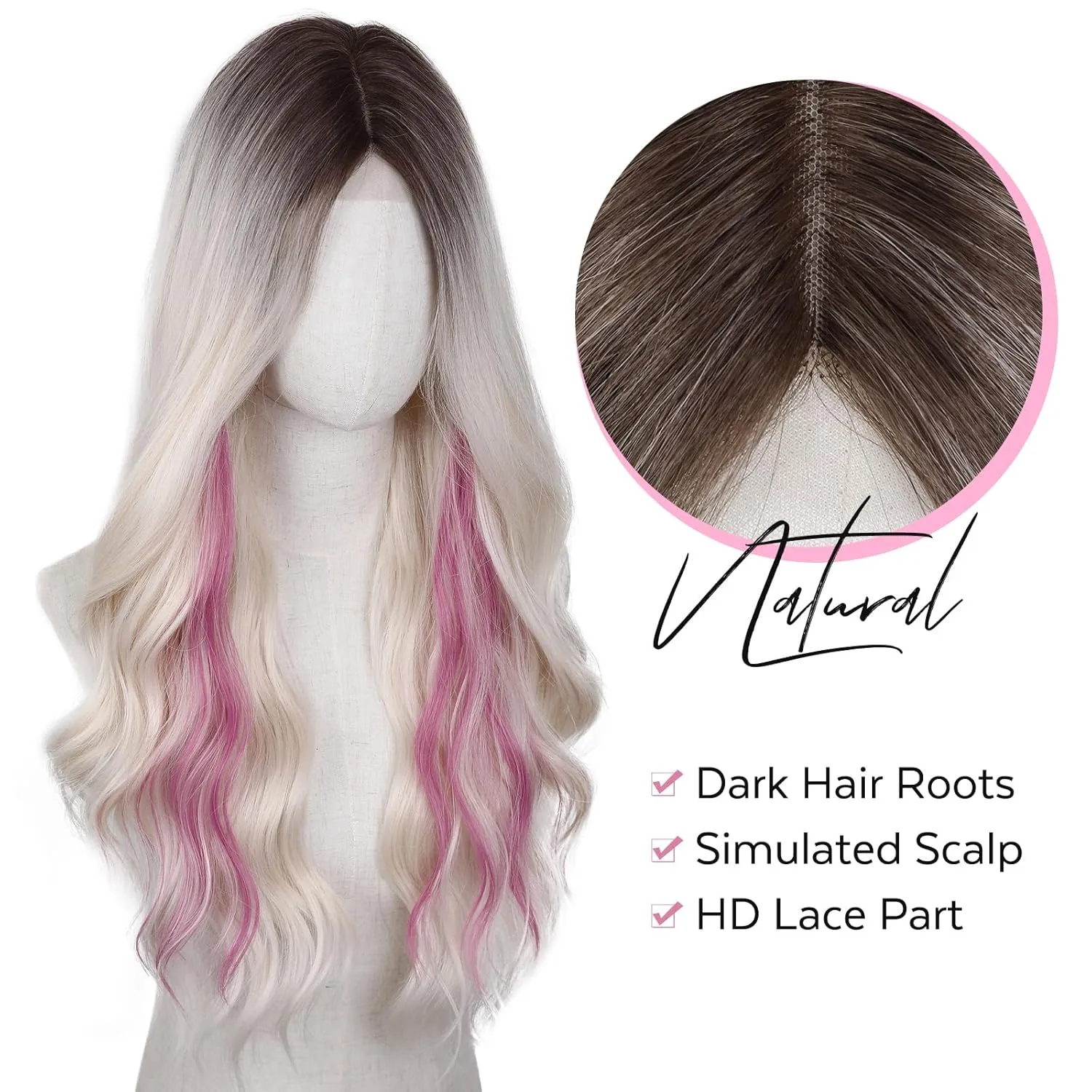 HANNE Long Wavy Blonde with Pink Wig Small Lace Synthetic Platinum with Pink Highlights Wig 26 Inch Natural Wavy Black Wigs for White Women(Blush Blonde)