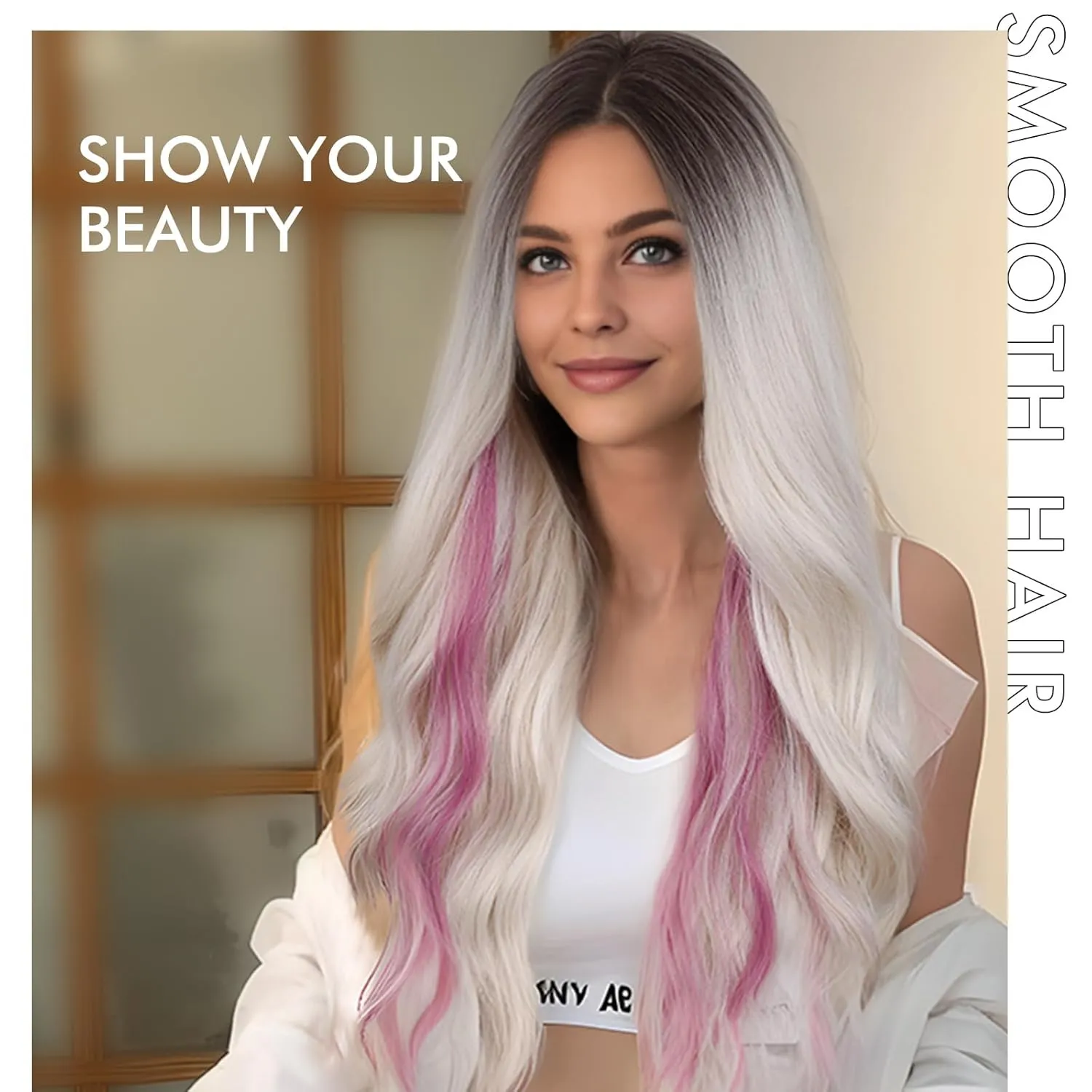 HANNE Long Wavy Blonde with Pink Wig Small Lace Synthetic Platinum with Pink Highlights Wig 26 Inch Natural Wavy Black Wigs for White Women(Blush Blonde)