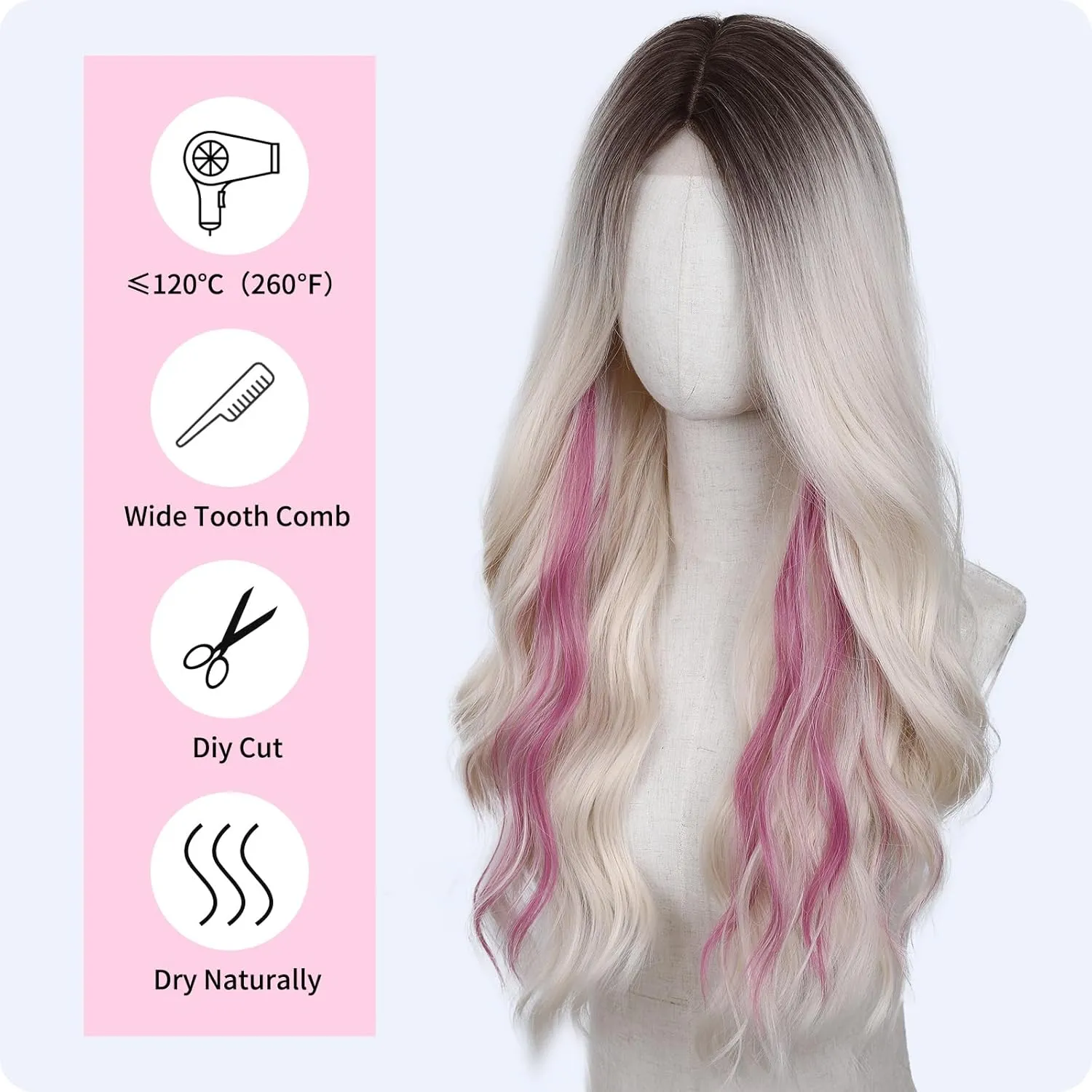 HANNE Long Wavy Blonde with Pink Wig Small Lace Synthetic Platinum with Pink Highlights Wig 26 Inch Natural Wavy Black Wigs for White Women(Blush Blonde)