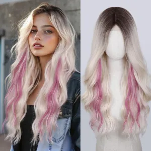 HANNE Long Wavy Blonde with Pink Wig Small Lace Synthetic Platinum with Pink Highlights Wig 26 Inch Natural Wavy Black Wigs for White Women(Blush Blonde)