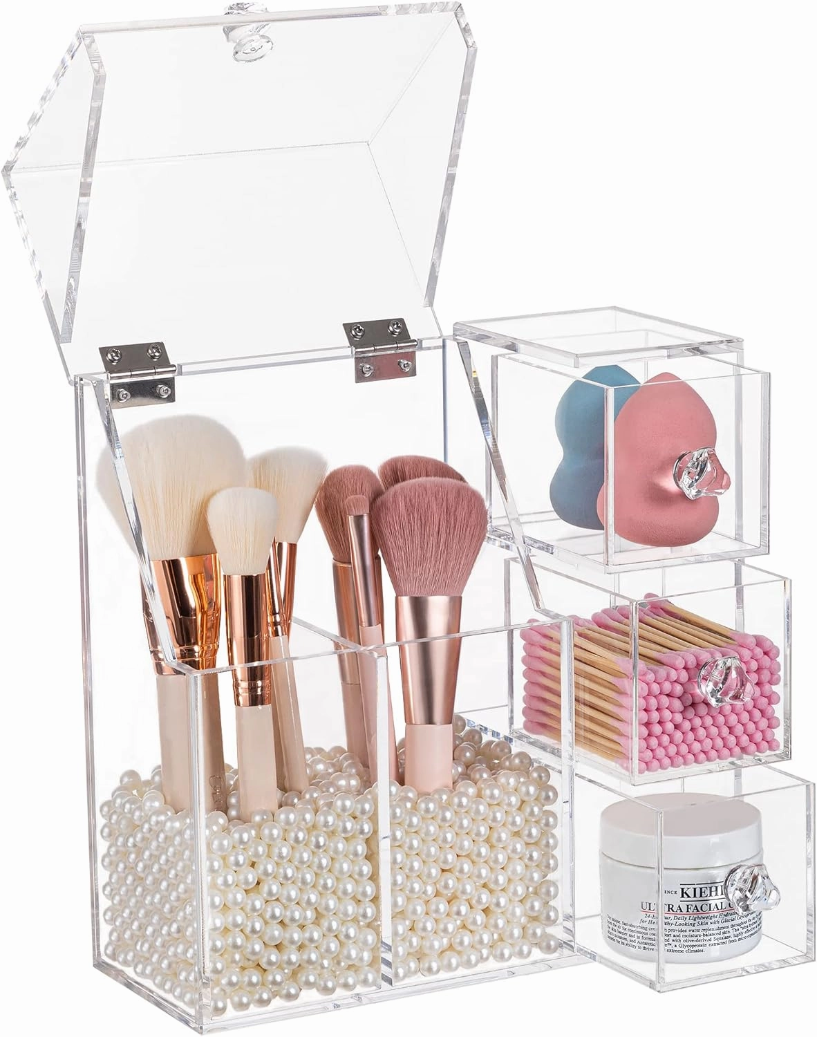HBlife Makeup Brush Holder, Acrylic Makeup Organizer with 2 Brush Holders and 3 Drawers Dustproof Box, Free Beige Pearl Included