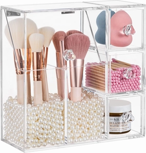 HBlife Makeup Brush Holder, Acrylic Makeup Organizer with 2 Brush Holders and 3 Drawers Dustproof Box, Free Beige Pearl Included