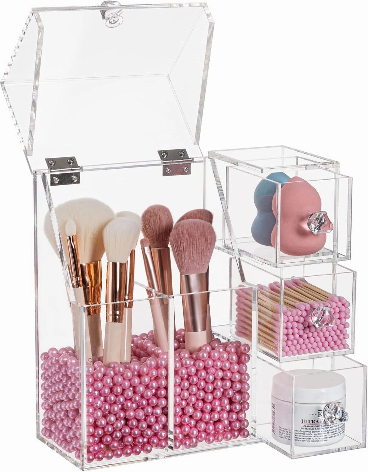 HBlife Makeup Brush Holder, Acrylic Makeup Organizer with 2 Brush Holders and 3 Drawers Dustproof Box, Free Pink Pearl Included