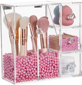 HBlife Makeup Brush Holder, Acrylic Makeup Organizer with 2 Brush Holders and 3 Drawers Dustproof Box, Free Pink Pearl Included