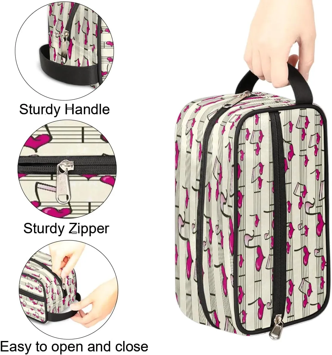 Heart Music Notes Travel Toiletry Bag for Women Men Small Cosmetic Makeup Organizer Water Resistant Shaving Bag Portable Make Up Bag Storage Bags with Handle
