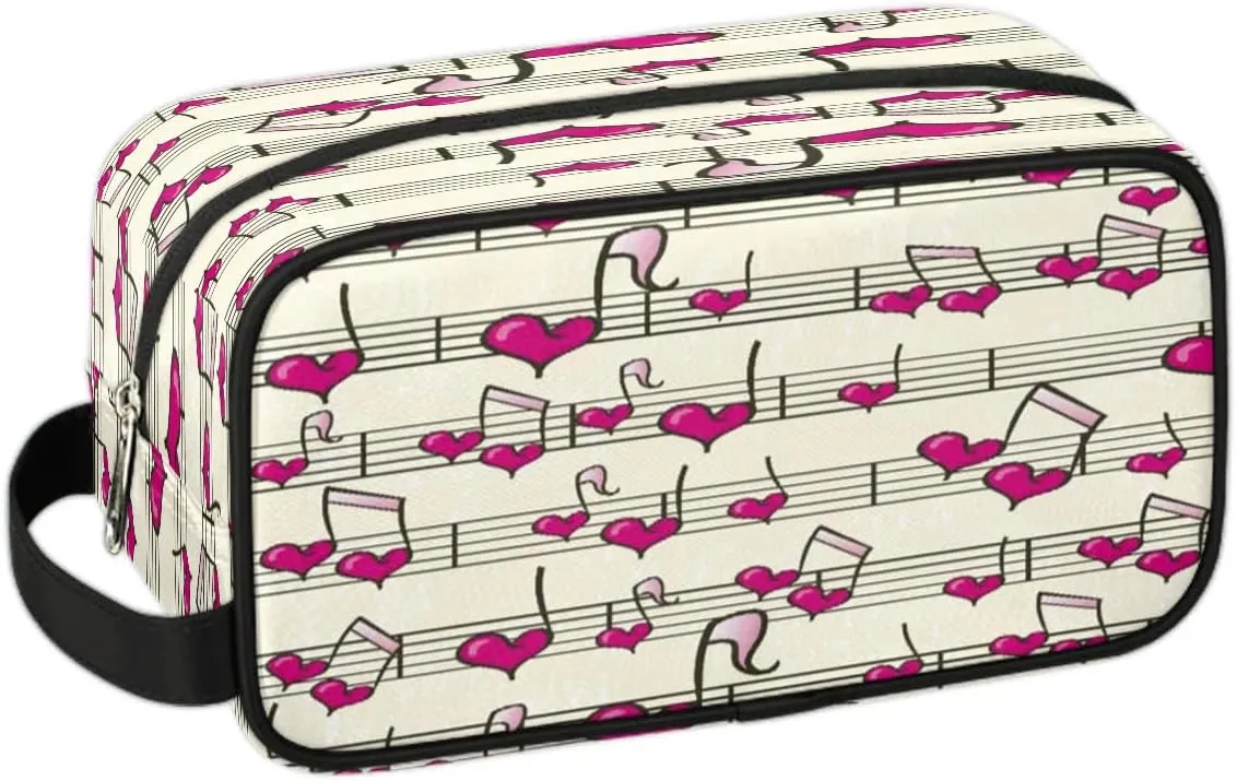 Heart Music Notes Travel Toiletry Bag for Women Men Small Cosmetic Makeup Organizer Water Resistant Shaving Bag Portable Make Up Bag Storage Bags with Handle